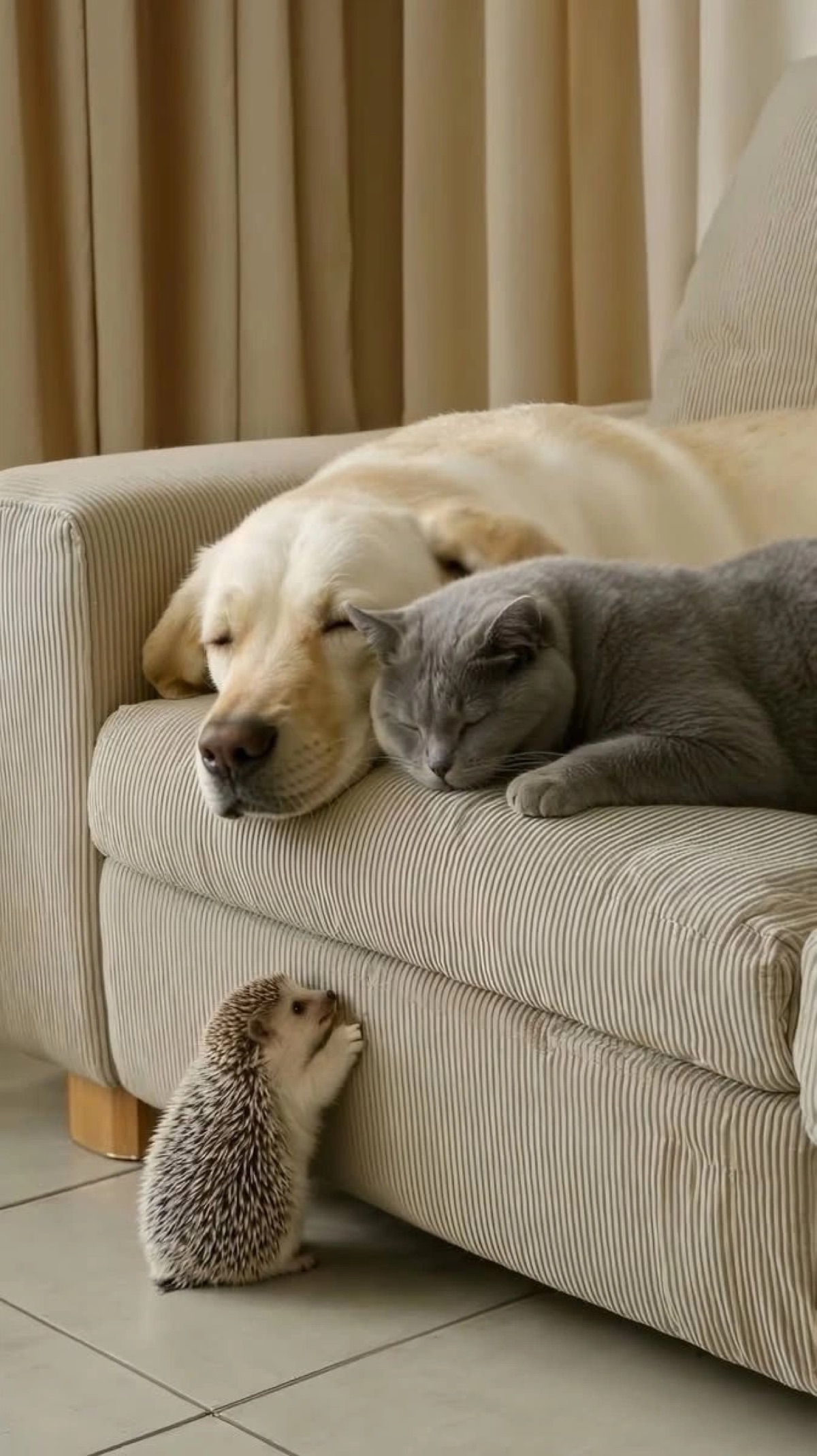 A dog, cat, and hedgehog resting together in comfort