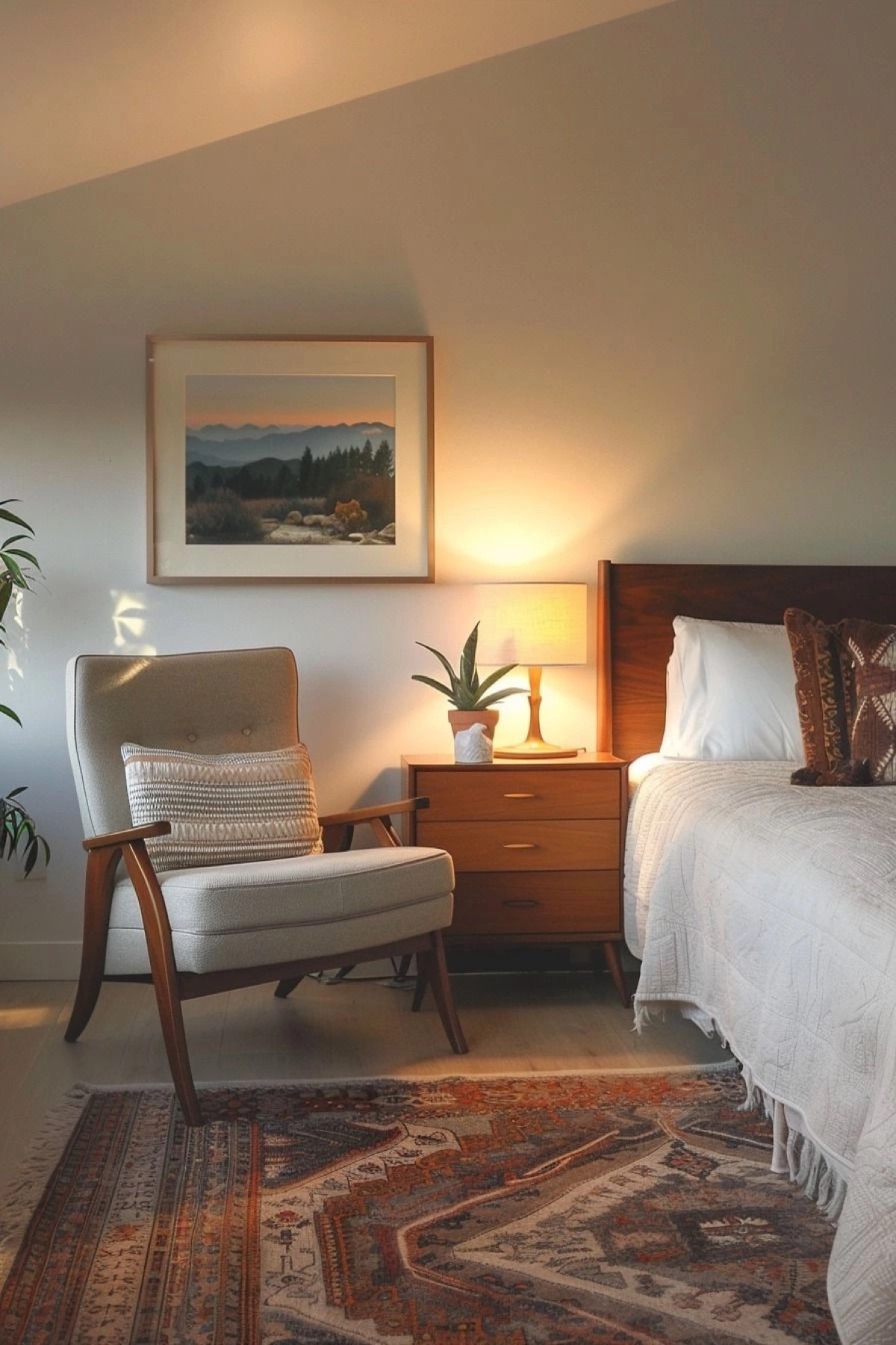A warm, comfortable bedside seating area