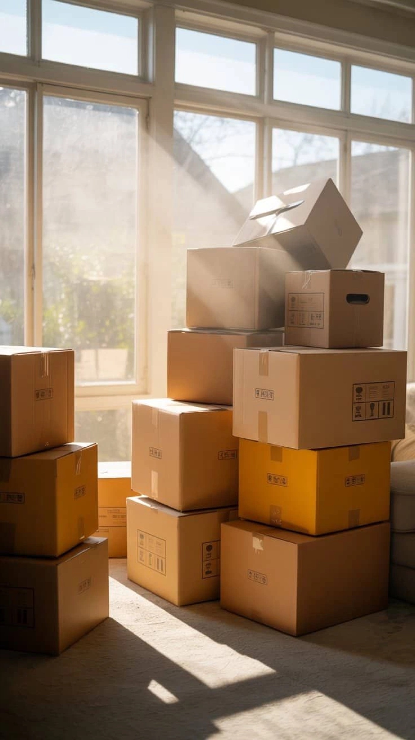 Boxes catching the morning light on move-in day