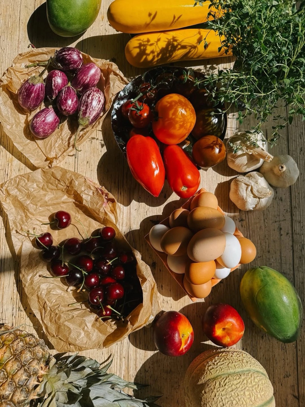 A sunlit harvest of fresh fruits and vegetables