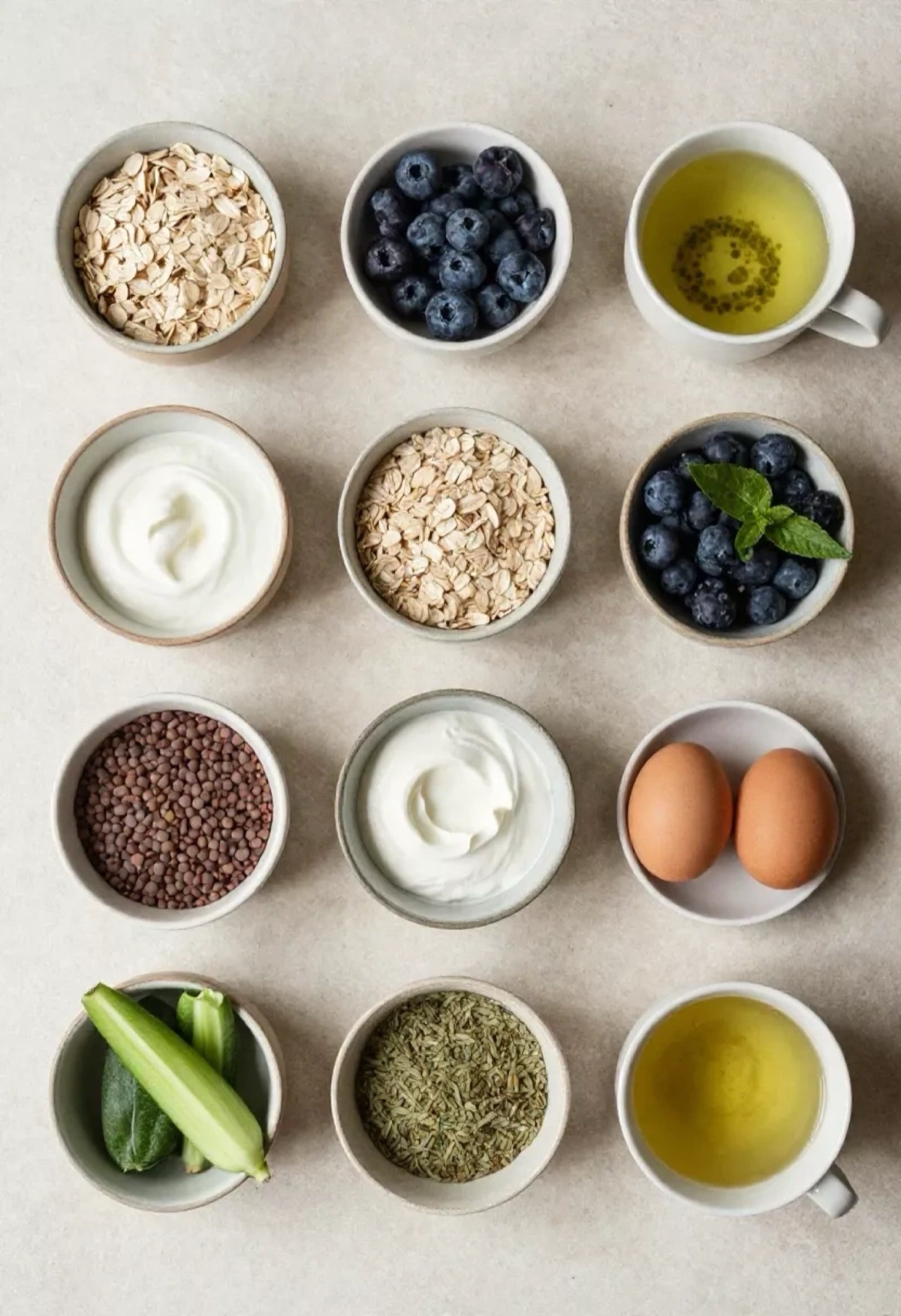 Portioned bowls of oats, blueberries, yogurt, and tea for a nourishing plan